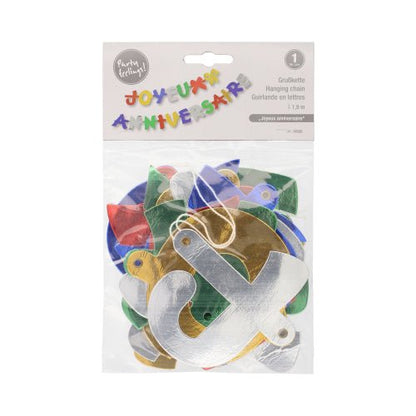 Řetěz "Joyeux Anniversaire" (1,9 m) od PAPSTAR GmbH je slavnostní, barevná girlanda pro narozeninovou dekoraci s kovovými písmeny. Dodává se v průhledném plastovém sáčku s popsaným víkem.