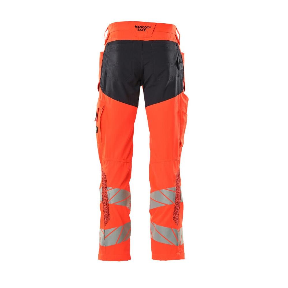 Kalhoty s kapsami na kolenou, kalhoty se strečovými vsadkami, hi-vis červená/černo-modrá