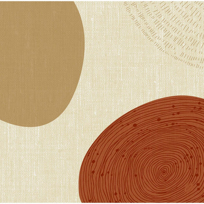 Abstraktní obraz s velkým světle hnědým oválem na levé straně a rezavě červeným kruhovým motivem s kruhy a tečkami vpravo dole, vytištěn na Dunisoft ubrouscích 40 x 40 cm 1/4 skládání od Duni GmbH. Světlé pozadí, jemná lineární textura, slabý půlkruh nahoře.
