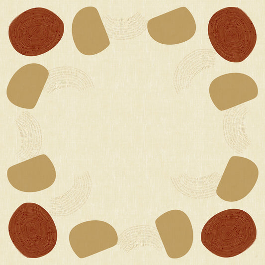 Eine beigefarbene Dunicel-Mitteldecke (84 x 84 cm) der Duni GmbH zeigt eine kreisförmige Bordüre aus abwechselnd braunen Ovalen und hellbraunen Formen mit geschwungenen Linienmustern. Ideal als erdige Tischdekoration; die Mitte ist leer. Packung: 100 Stück.