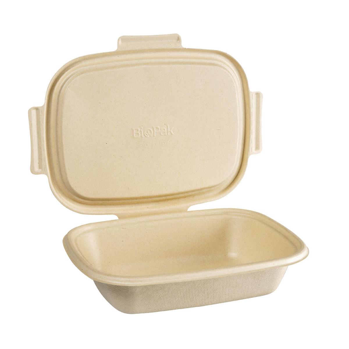 Eine braune, rechteckige Duni GmbH Bagasse Box Shield 1200 ml (426x304x57 mm), kompostierbar mit Scharnierdeckel, offen und leer dargestellt. Umweltfreundliche Einweg-Verpackung, biologisch abbaubar. Die Packung enthält 50 Stück.