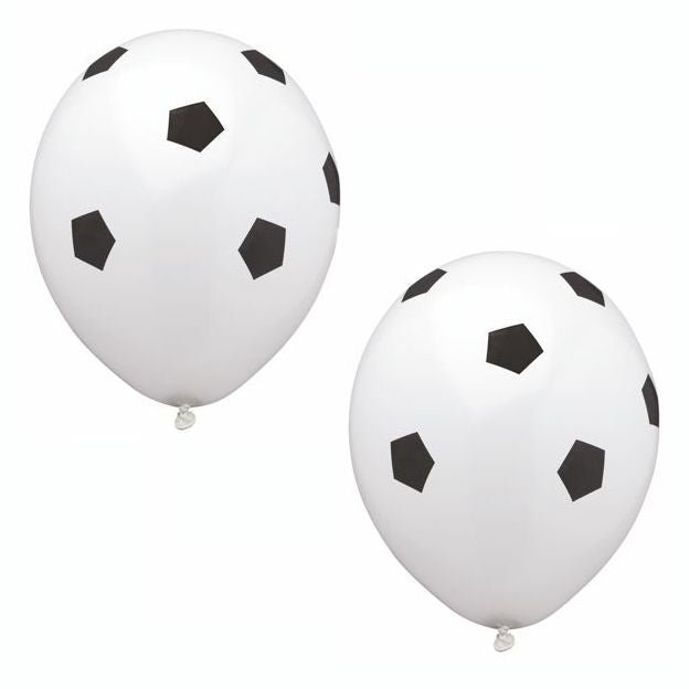Dva PAPSTAR balónky "Soccer" (Ø 29 cm) od PAPSTAR GmbH s černým fotbalovým vzorem jsou ideální jako party dekorace pro dětské narozeniny; k dispozici v balení po 8 kusech - ideální pro fotbalové party.