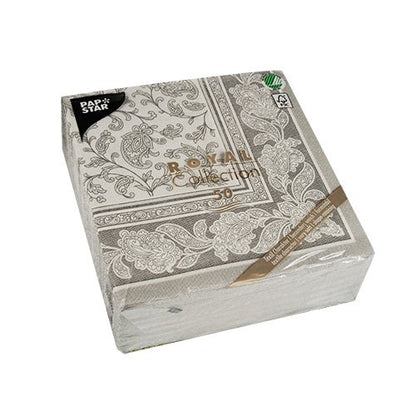 Uzavřené balení s 50 PAPSTAR "ROYAL Collection" ubrousků, 1/4-skládání, 40 x 40 cm, v šedé barvě. Balení od PAPSTAR GmbH je v rohu opatřeno brandingem a informacemi o produktu.