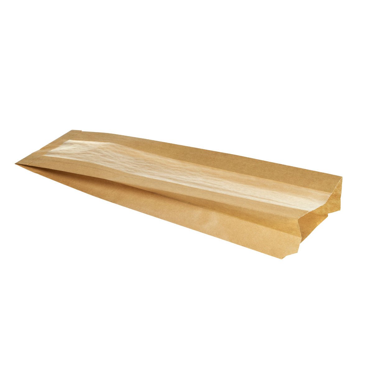 Papírový sáček Duni GmbH na bagety, hnědý karton/celulóza, 370x100x50 mm, balení (1000 kusů), má průhledné okénko a je ideální jako ekologické balení pro pečivo - ideální pro pekárny. Zobrazeno na bílém pozadí.