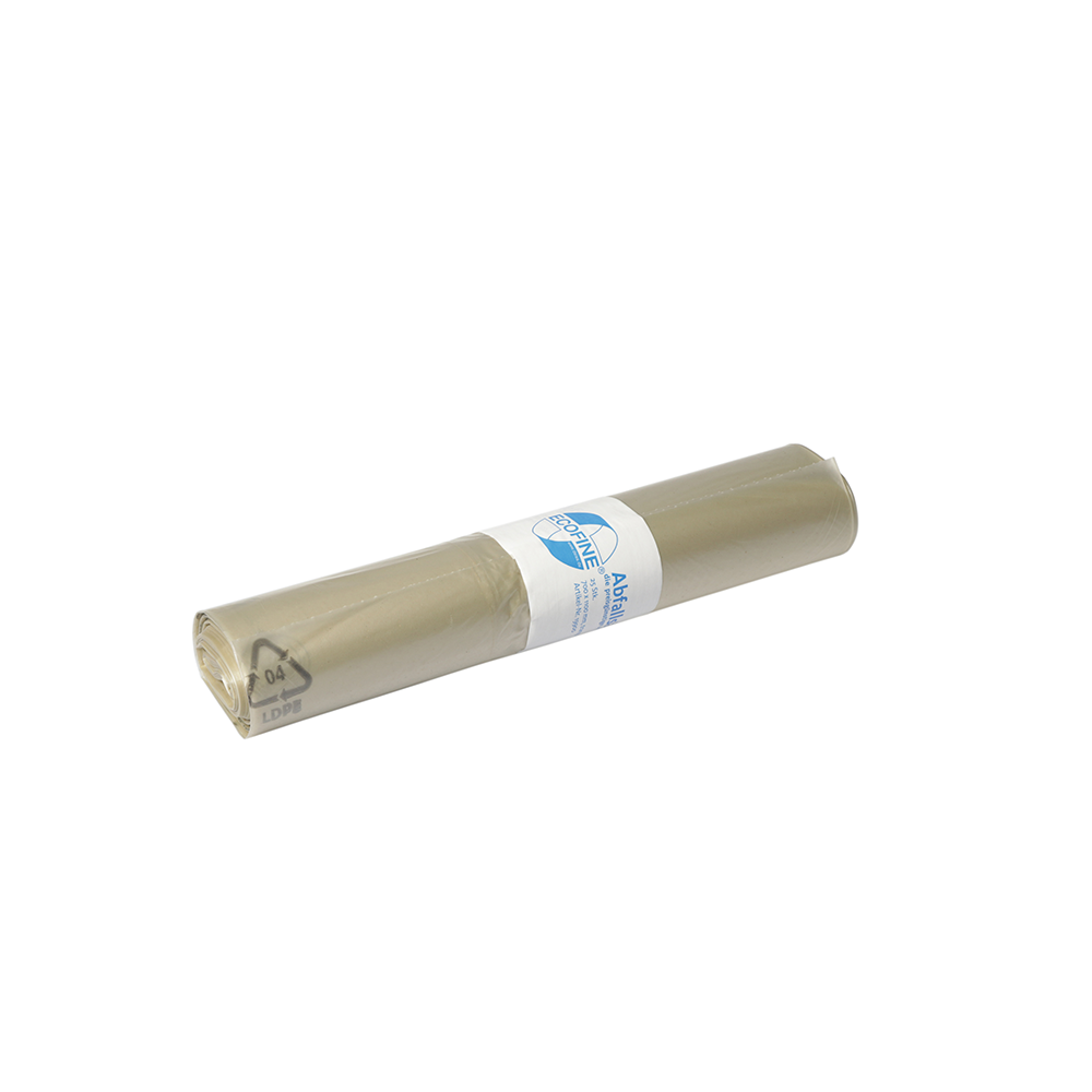 Na obrázku je role DEISS ECOFINE® odpadkových pytlů 13900 z recyklovaného LDPE/LLDPE 120 litrů od EMIL DEISS KG (GmbH + Co.), zabalená v bílé etiketě s modrým písmem a grafikou, na bílém pozadí.