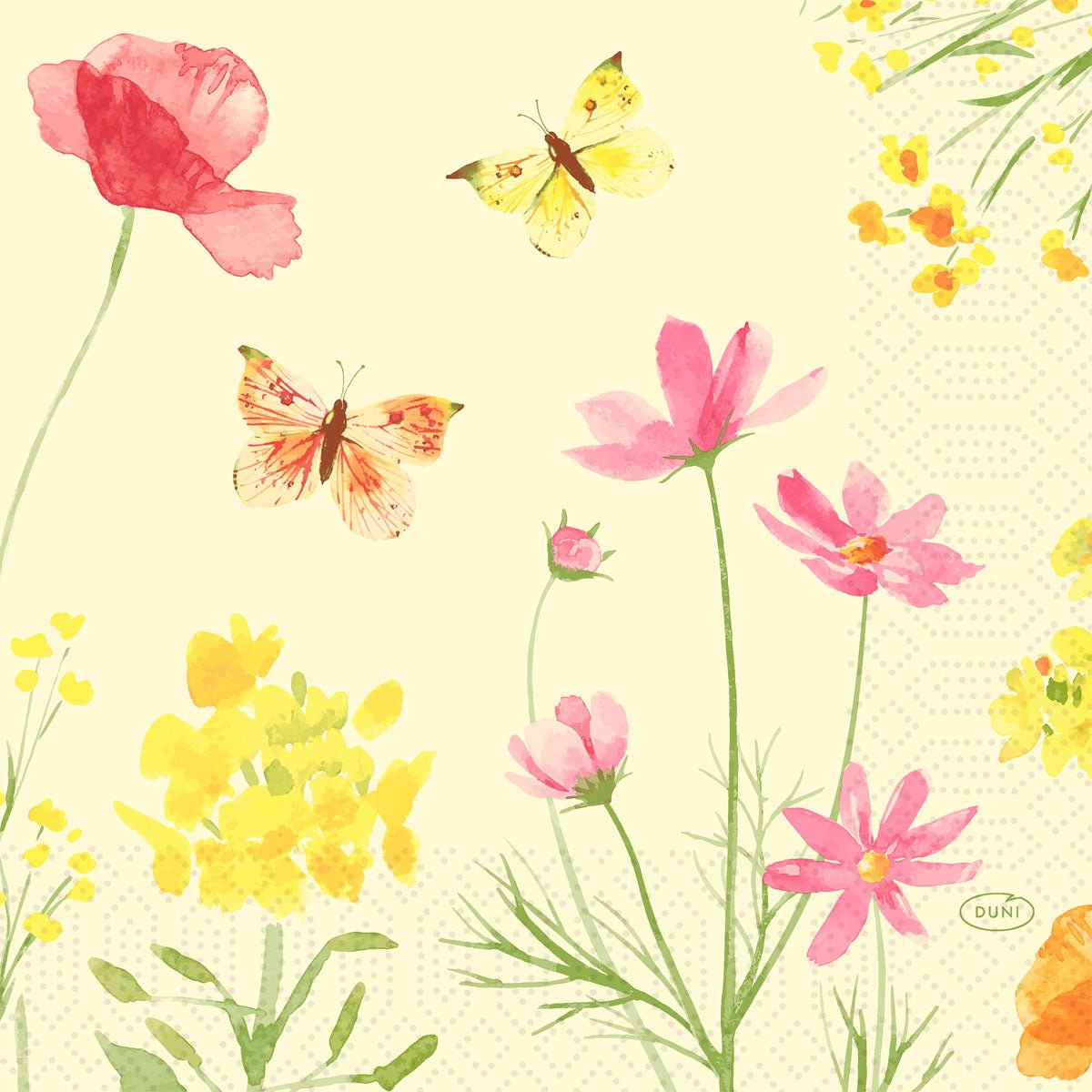 Ubrousky 33x33 cm, design Poppy Field od Duni GmbH, zobrazují akvarelový design růžových a žlutých divokých květin a motýlů na světlém pozadí; balení obsahuje 250 elegantních ubrousků.
