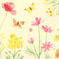 Ubrousky 33x33 cm, design Poppy Field od Duni GmbH, zobrazují akvarelový design růžových a žlutých divokých květin a motýlů na světlém pozadí; balení obsahuje 250 elegantních ubrousků.