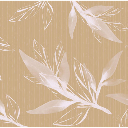 Bezešvý vzor z bílých, průsvitných botanických listů překrývající se na světle hnědém pozadí s tenkými vertikálními liniemi - ideální pro vysoce kvalitní Dunisoft ubrousky 40 x 40 cm 1/4 skládání od Duni GmbH, které vytvářejí vícevrstvý vzhled se stylizovaným listovím.