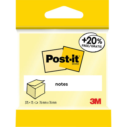 Balení Post-it® Notes od 3M Deutschland GmbH, žluté, 76 mm x 76 mm, 450 listů/blok, 1 blok/balení, s "+20% zdarma", PEFC certifikováno (SGSCH-PEFC-COC-110078), žlutý záhlaví a logo značky.