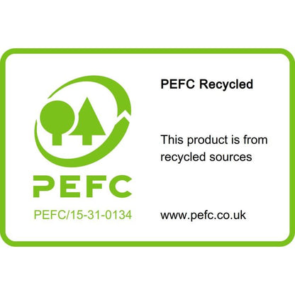 Štítek PEFC Recycled s nápisem "Tento produkt pochází z recyklovaných zdrojů" s logem PEFC, číslem certifikátu PEFC/15-31-0134 a www.pefc.co.uk se objevuje na recyklovaných lístcích Post-it® (38x51mm, 100 listů, 100% PEFC).