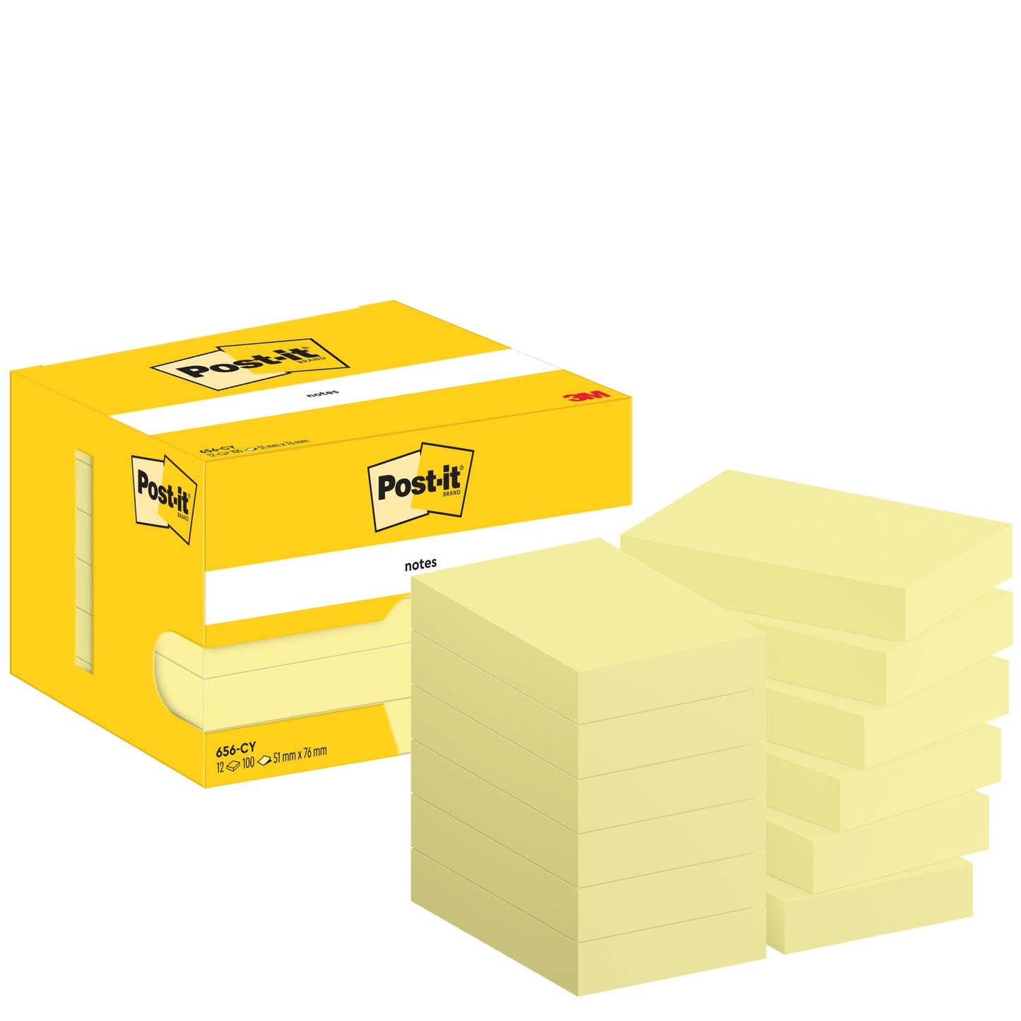 Na obrázku je žlutá krabička Post-it® Notes (3M Deutschland GmbH) s několika žlutými bloky samolepicích poznámek (51 x 76 mm, 100 listů/blok, 12 bloků/balení), v kartonovém balení, certifikováno PEFC (SGSCH-PEFC-COC-110078).