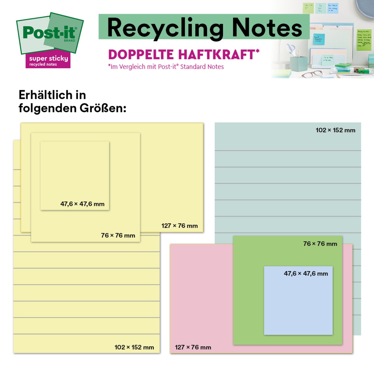 Obrázek ukazuje Post-it® Super Sticky 100% recyklační poznámky (47,6 x 47,6 mm, 70 listů/blok, PEFC-certifikováno) od 3M Deutschland GmbH v pastelových barvách, s malou fotografií, která je ukazuje na stěně a na stole.