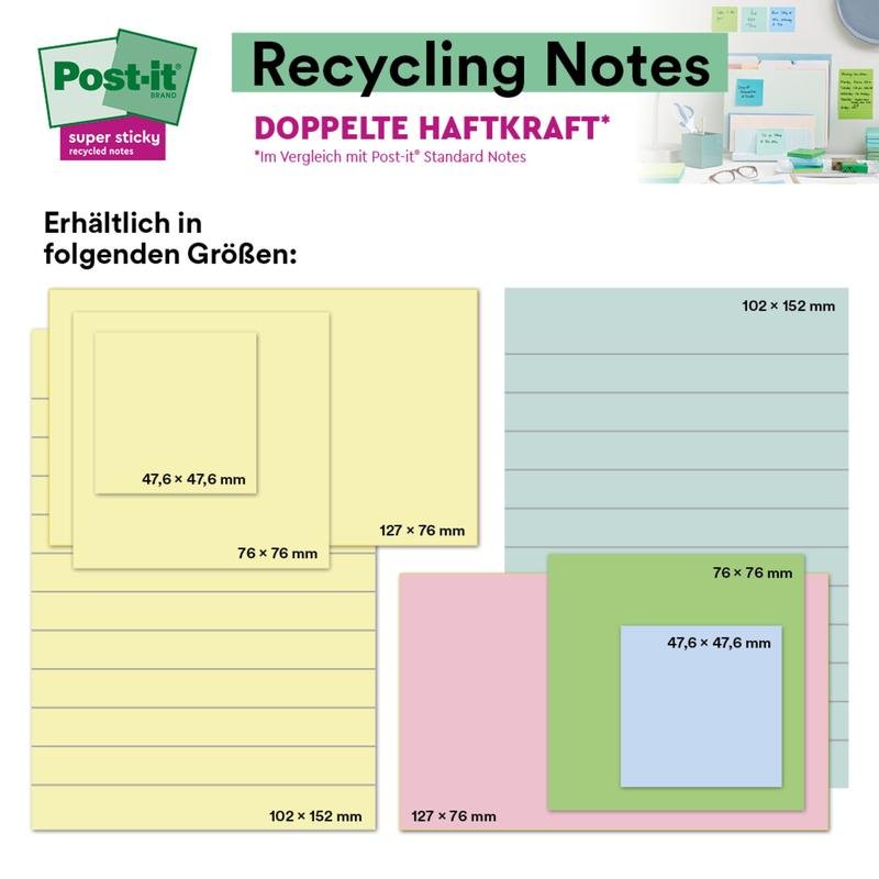 Grafika zobrazuje 3M Post-it® Super Sticky 100% Recycling Notes, žluté, linkované, 102 x 152 mm, 45 listů na blok, 4 bloky na balení, certifikované PEFC (SGSCH-PEFC-COC-110078) od 3M Deutschland GmbH.