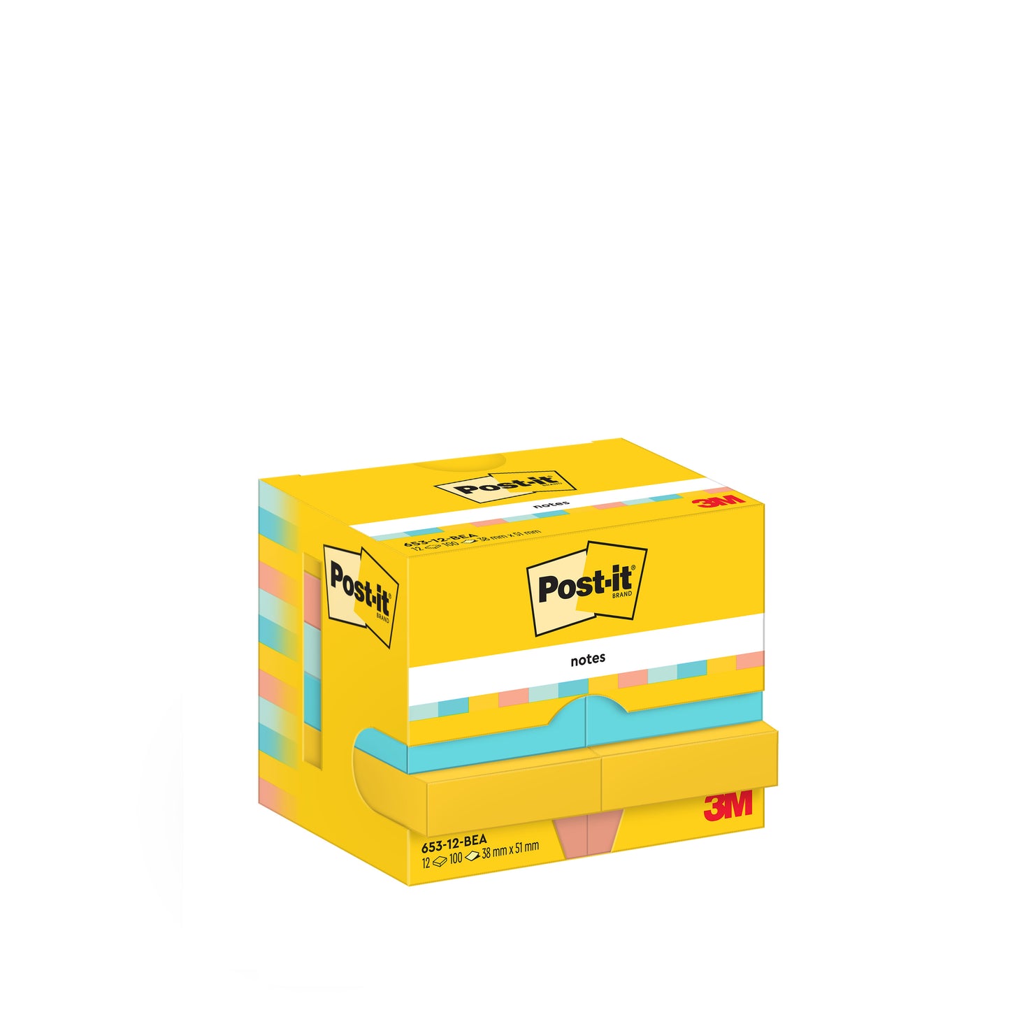 Žlutá krabička Post-it® Notes, Beachside Collection (38x51mm, 100 listů/blok, 12 bloků/balení) od 3M Deutschland GmbH s logem Post-it a produktovými údaji na bílém pozadí; kartonové balení, 100% PEFC certifikováno.