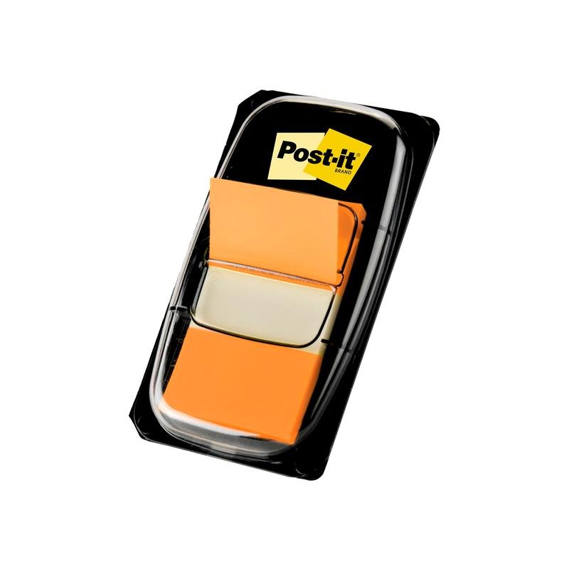 Balení 3M Deutschland GmbH Post-it® Index záložek, Standard (25,4 mm x 43,2 mm), 50 kusů v černém dávkovači s viditelnou značkovou etiketou, zobrazené na bílém pozadí.