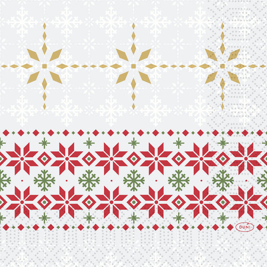 Die Servietten 33x33 3lagig 1/4 Tradition von Duni GmbH zeigen goldene, rote und grüne Sterne und Schneeflocken in Reihen auf Weiß, die an klassische Weihnachtsdekoration erinnern. Die Packung enthält 50 Stück.