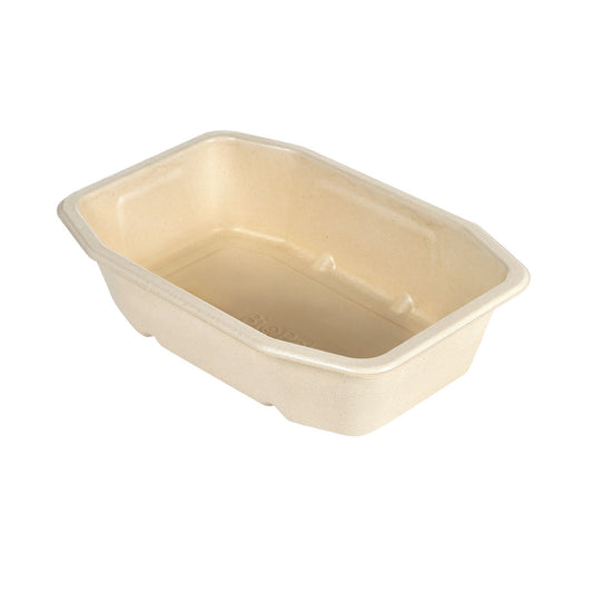 Die rechteckige, braun beschichtete HMR Fibretray/PE 1-comp 215x148x50 mm von Duni GmbH aus nachhaltigem Bagasse, lebensmittelecht und leer auf weißem Hintergrund dargestellt. Packung mit 320 Stück.