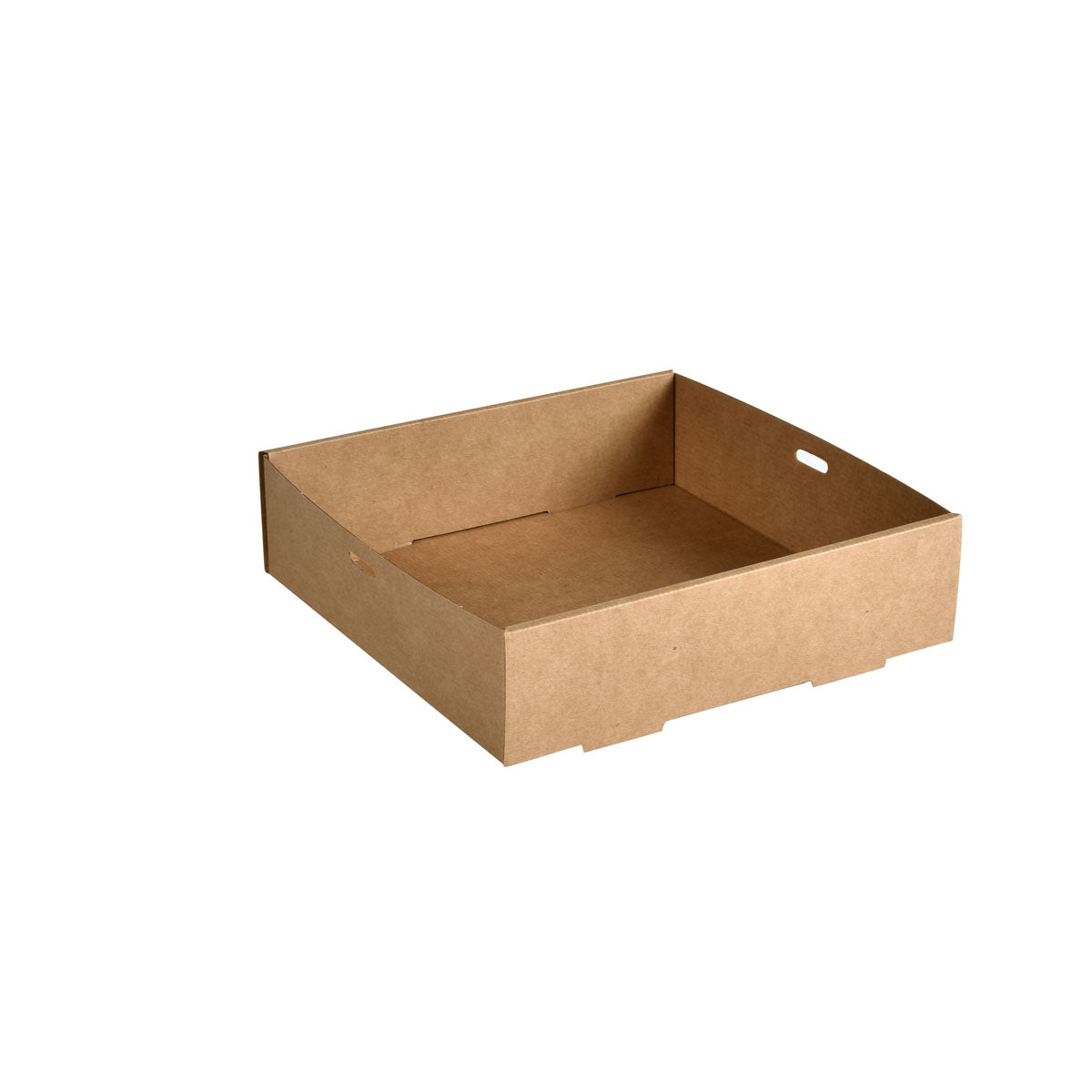 Duni GmbH Catering-Tray Cardboard/PLA v hnědé barvě (225x225mm, malé) je obdélníkový, biologicky odbouratelný a ekologický podnos s nízkým okrajem a výřezem pro uchopení, vyrobený z papíru; balení po 100 kusech na bílém pozadí.