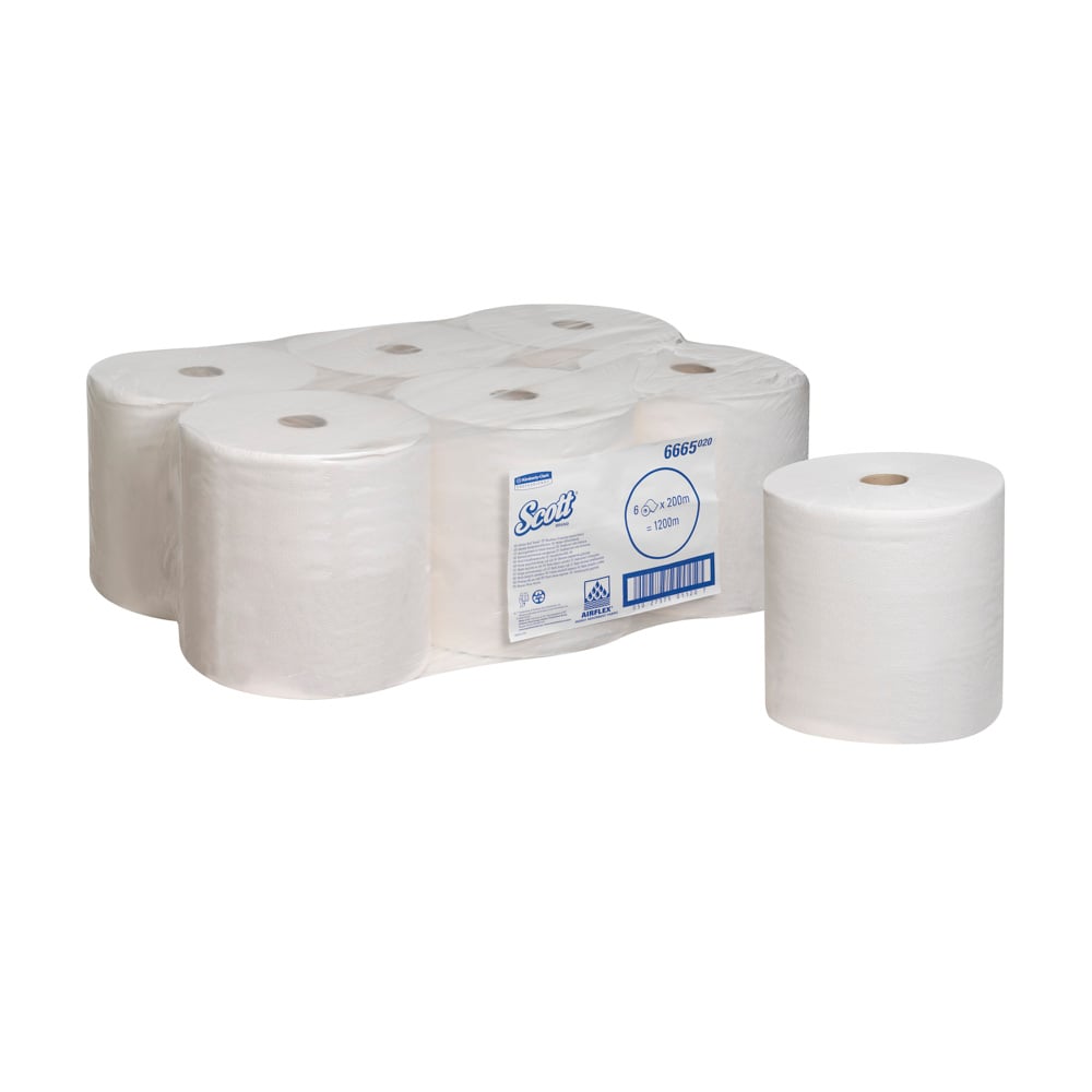 Balení šesti ručníků Scott® PERFORMANCE (Kimberly-Clark GmbH), pět zabalených v průhledném plastu a jeden nezabalený, stojící vzpřímeně na bílém pozadí s viditelnou etiketou produktu.