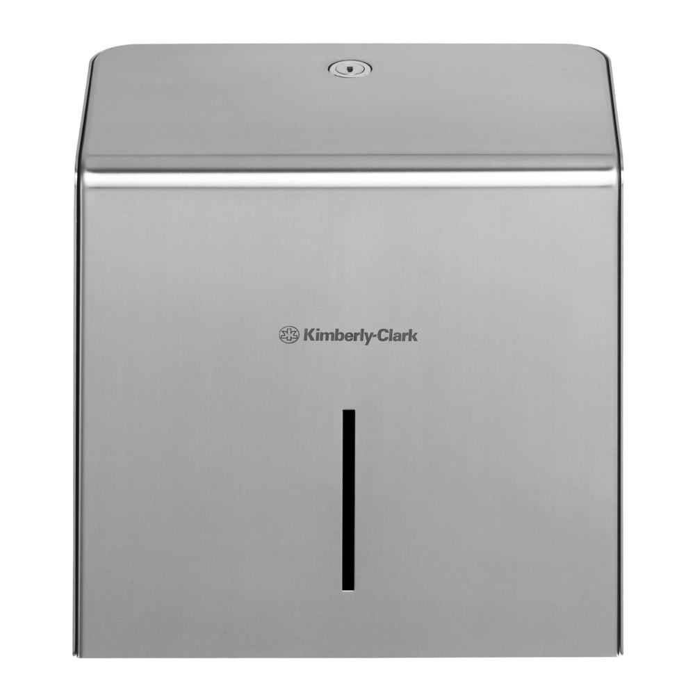 Mini Jumbo toaletní papírový zásobník Kimberly-Clark Professional™ (nerezová ocel) od Kimberly-Clark GmbH má robustní nerezový design s kontrolním otvorem a klíčovou dírkou na vrchu pro snadný přístup a nabízí jak styl, tak funkčnost.
