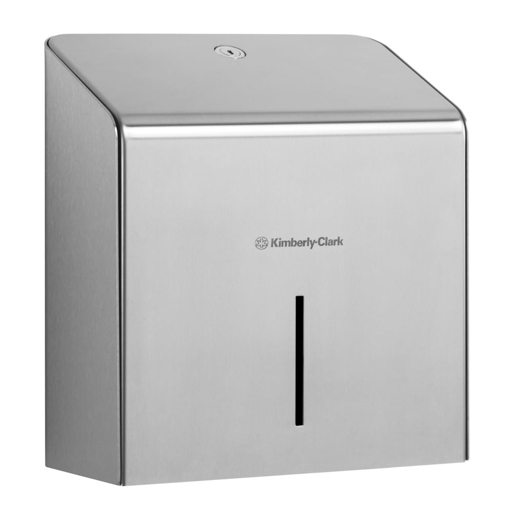 Mini Jumbo toaletní papírový zásobník Kimberly-Clark Professional™ z nerezové oceli má zkosený vrchol a vertikální kontrolní okénko, které stojí před jednoduchým bílým pozadím. Značka: Kimberly-Clark GmbH.