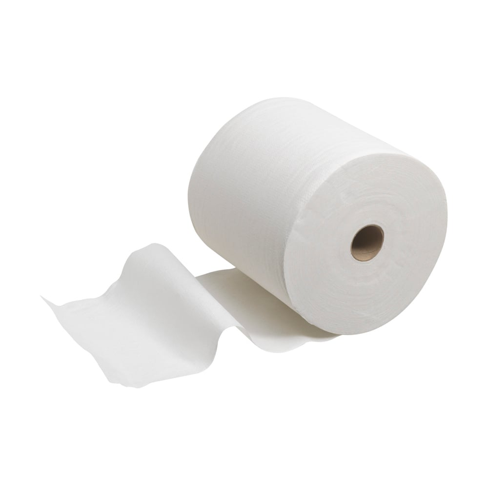 Jedna role ručníků Scott® PERFORMANCE od Kimberly-Clark GmbH v bílé barvě, ideální pro hygienické a ekologické každodenní použití - 6 rolí na karton, každá s vysokým výkonem a udržitelností.