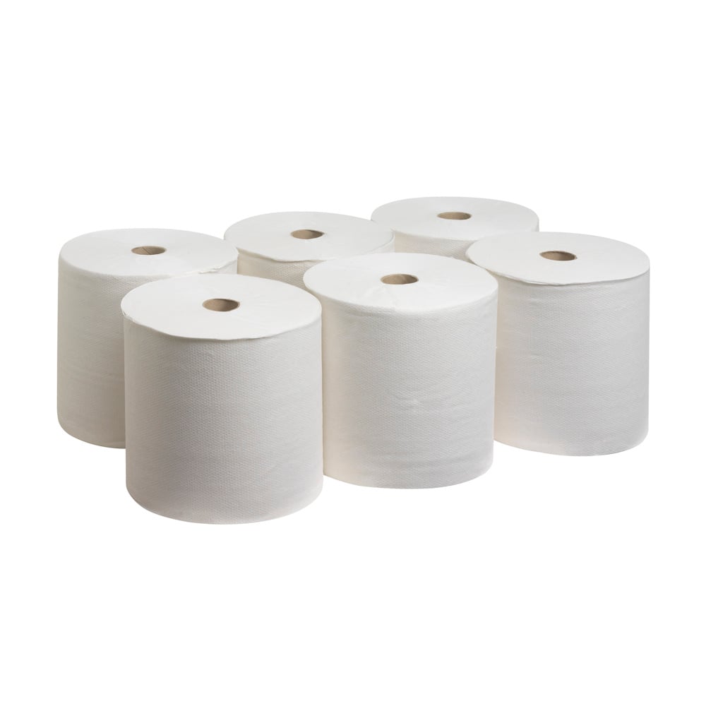 Šest bílých rolí ručníků Scott® PERFORMANCE od Kimberly-Clark GmbH je uspořádáno ve dvou řadách po třech na jednobarevném pozadí, čímž zdůrazňují udržitelnost a hygienu rukou zároveň. Karton obsahuje 6 rolí x 1 list.