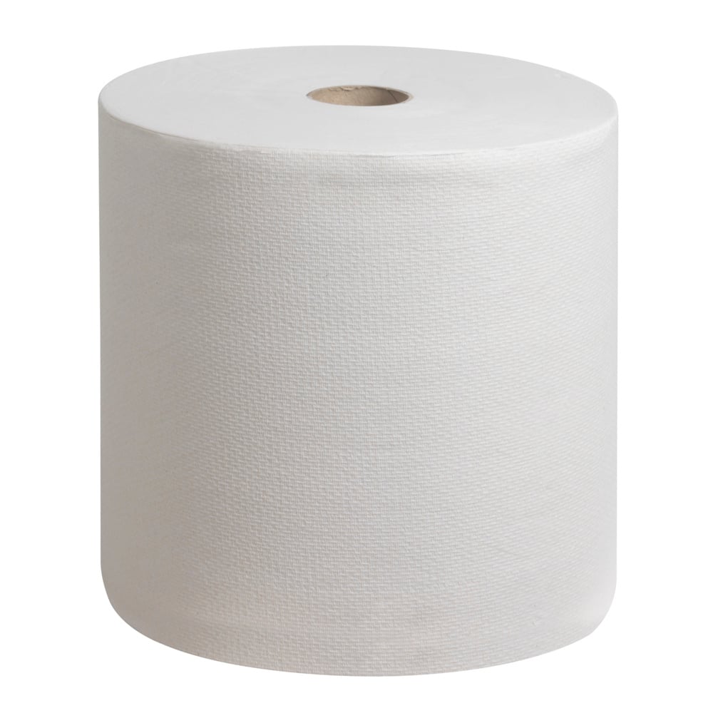 Velká bílá role ručníků Scott® PERFORMANCE od Kimberly-Clark GmbH stojí vzpřímeně na jednobarevném pozadí - ideální pro podporu hygieny rukou ekologickým způsobem. 6 rolí na karton.