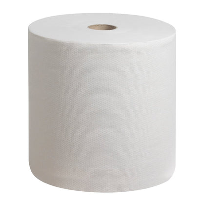 Velká bílá role ručníků Scott® PERFORMANCE od Kimberly-Clark GmbH stojí vzpřímeně na jednobarevném pozadí - ideální pro podporu hygieny rukou ekologickým způsobem. 6 rolí na karton.