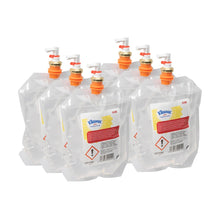 Šest transparentních 300ml Kleenex® vůní Joy náhradních balení od Kimberly-Clark GmbH v 6násobné kazetě s oranžovo-bílým výtokem, označené pro koupelnu a opatřené výstražnými symboly.