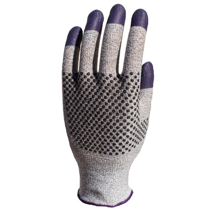 Ein grauer und violetter KleenGuard® G60 Endurapro™ Level 3 Schnittschutzhandschuh (Kimberly-Clark GmbH) mit schwarzen Punkten auf der Handfläche/Fingern ist auf einer aufrechten linken Hand vor einem weißen Hintergrund abgebildet. Geeignet für beide Hände.