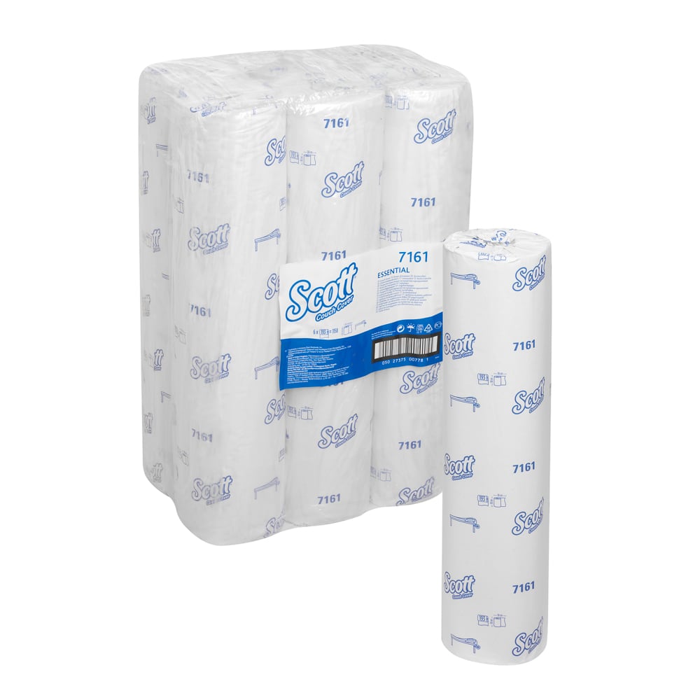 Balení Scott® ESSENTIAL™ lékařských rolí - Bílá od Kimberly-Clark GmbH, s jednou jednotlivě zabalenou rolí vpředu. Bílomodré balení zajišťuje hygienické řešení, ideální pro lékařské oblasti jako kliniky.