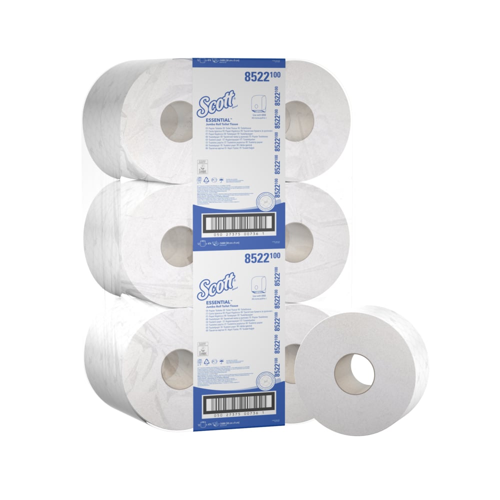 Zwölf Großrollen Scott® ESSENTIAL™ Toilettenpapier - Großrolle von Kimberly-Clark GmbH sind blau-weiß verpackt, mit Produktinformation und Barcode - ideal für stark frequentierte Waschräume. Jede Rolle enthält 474 Blatt.