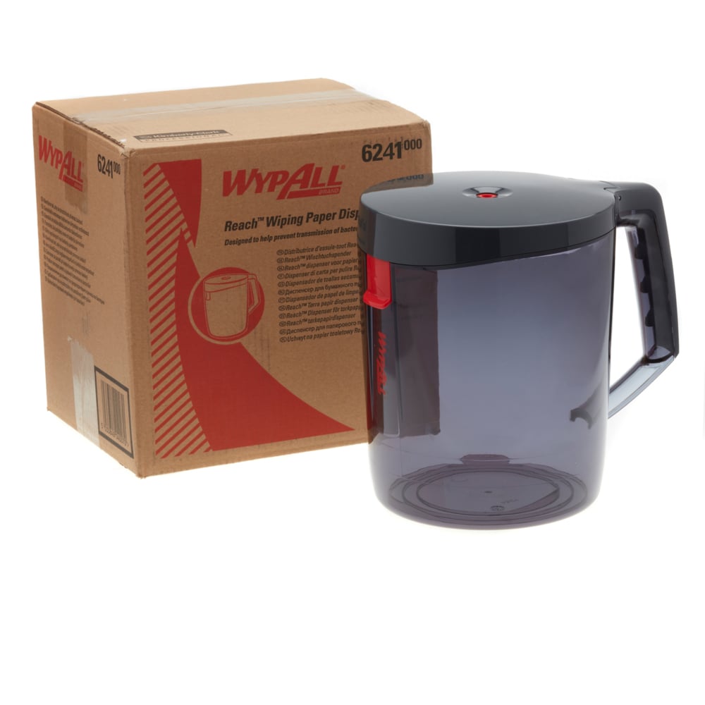 Karton s nápisem "WypAll® Reach™ Centrefeed Dispenser - Černý - 1 Dispenser" společnosti Kimberly-Clark GmbH stojí vedle velkého průsvitného šedého dávkovače papírových ručníků s černým víkem a rukojetí, oba na bílém pozadí.