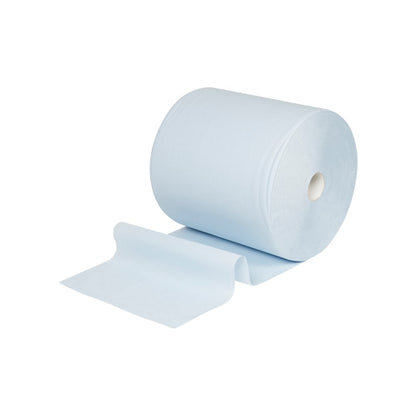 Velká role papírového ručníku WypAll® L10 pro povrchy (Velká role, extra široká: 38,00 cm x 32,50 cm) od Kimberly-Clark GmbH, s částečně odvinutým papírem, ideální pro čištění povrchů, zobrazená na bílém pozadí.
