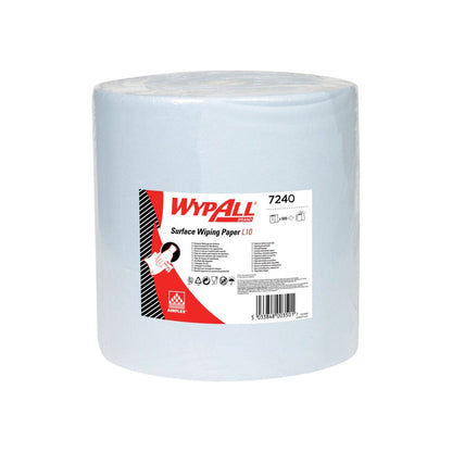 Papírový ručník WypAll® L10 pro povrchy Velká role od Kimberly-Clark GmbH (38,00 cm x 32,50 cm) je extra široký a zabalený v průhledné fólii; bílo-červený štítek ukazuje informace o produktu a symboly pro čištění povrchů.
