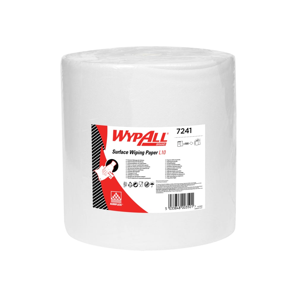 Papírový ručník WypAll® L10 pro povrchy - Velká role (Kimberly-Clark GmbH) je extra široká bílá role (38,00 cm x 32,50 cm), perfektní pro velké úkoly čištění, s červeno-bílým štítkem s informacemi o produktu a pokyny.