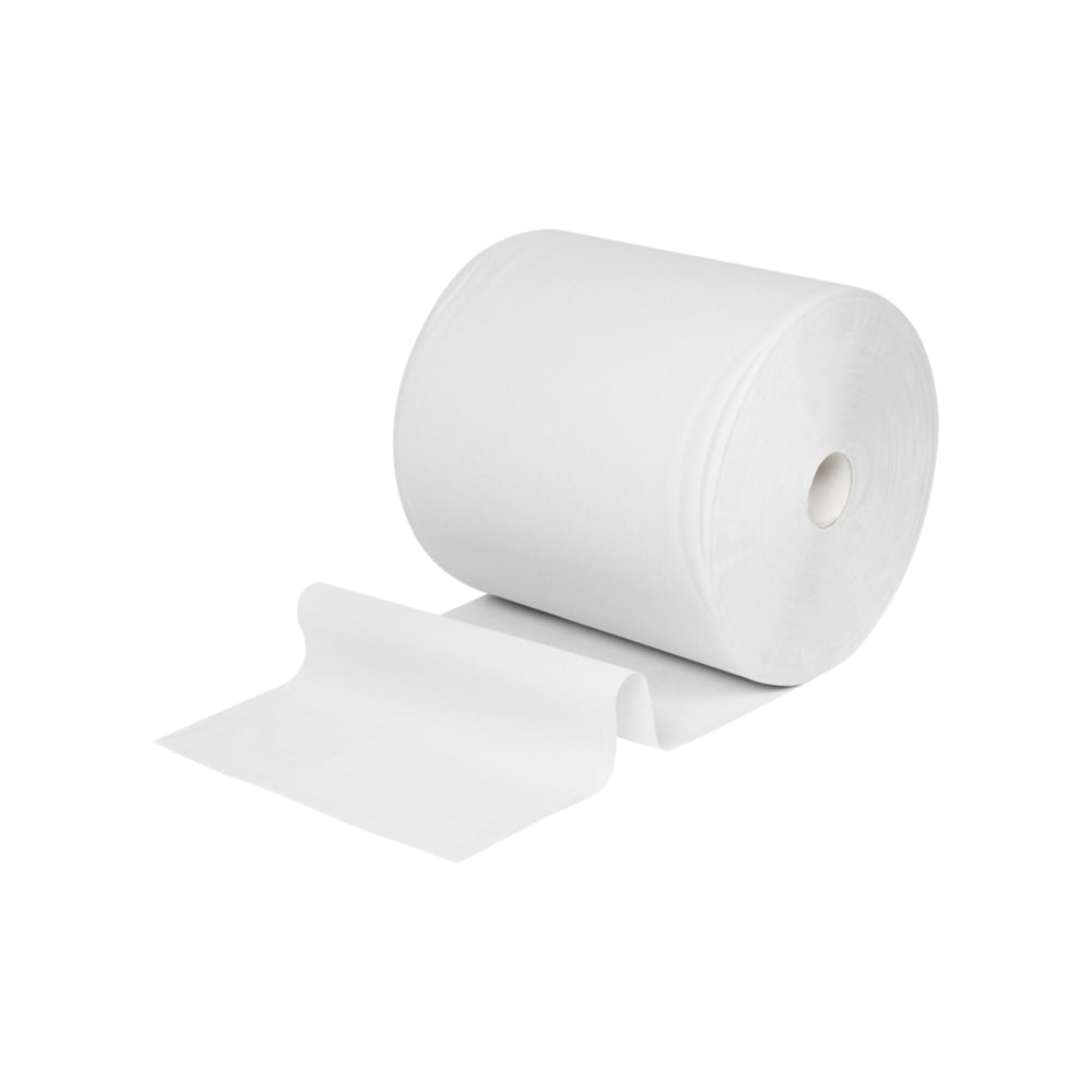 Velký papírový ručník WypAll® L10 pro povrchy Velká role (extra široká, 38,00 cm x 32,50 cm) od Kimberly-Clark GmbH je odvinutý a plochý, ideální pro čištění povrchů, zobrazený na jednoduchém bílém pozadí.
