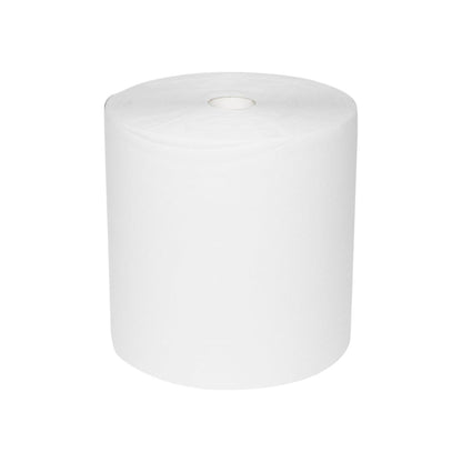 Velký, bílý papírový ručník WypAll® L10 pro povrchy - Velká role (extra široká, 38,00 cm x 32,50 cm) od Kimberly-Clark GmbH stojí vzpřímeně na jednobarevném bílém pozadí a má uprostřed malou papírovou trubku pro efektivní čištění.