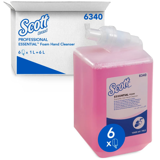 Pěnové mýdlo Scott® Essential™ pro každodenní použití (1 l, růžové, náplň) od společnosti Kimberly-Clark GmbH je k dostání v kartonu obsahujícím 6 náplní – celkem 6 litrů náplně pro vaši hygienu rukou.