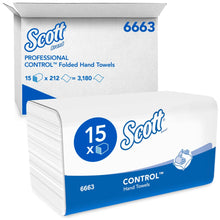 Krabice Scott® CONTROL™ skládaných ručníků - bílá od Kimberly-Clark GmbH obsahuje 15 balení po 212 listech (celkem: 3 180 listů) pro hygienické sušení rukou. Číslo produktu 6663 je viditelné na obalu.