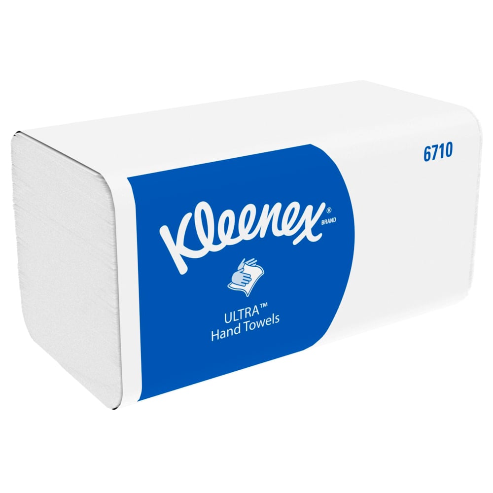Obdélníková krabice Kleenex® Ultra™ skládaných ručníků Interfold, Bílá, 15 x 96 listů od Kimberly-Clark GmbH - ideální pro hygienické sušení rukou, s modrou etiketou, značkou, symbolem ruky a číslem produktu 6710.