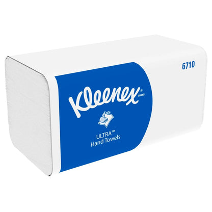 Obdélníková krabice Kleenex® Ultra™ skládaných ručníků Interfold, Bílá, 15 x 96 listů od Kimberly-Clark GmbH - ideální pro hygienické sušení rukou, s modrou etiketou, značkou, symbolem ruky a číslem produktu 6710.