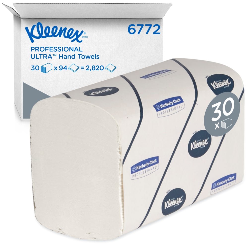 Krabice Kleenex® Ultra™ ručníků - Interfold/Bílá/Velká od Kimberly-Clark GmbH obsahuje 30 balení po 94 listech, celkem 2 820 savých ručníků v hygienickém značkovém balení.