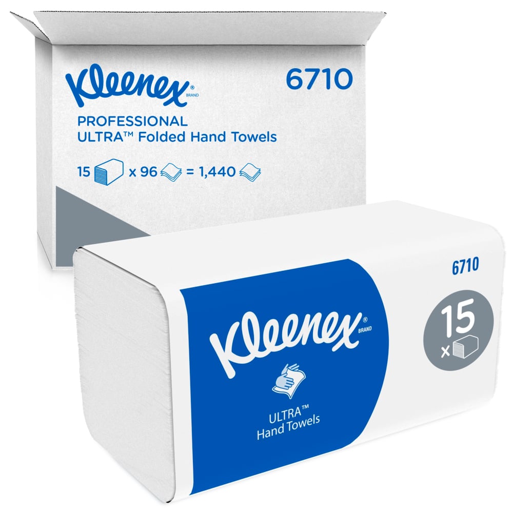 Kleenex® Ultra™ skládané ručníky od Kimberly-Clark GmbH obsahují 15 balení s 96 bílými skládanými ručníky (celkem 1 440 kusů) v modro-bílém balení pro hygienické sušení rukou v jakémkoli prostředí.