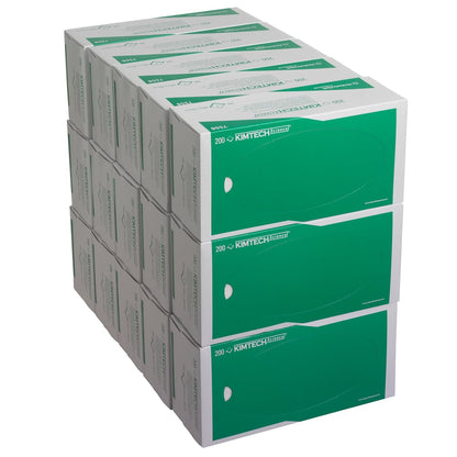 Stoh patnácti krabic Kimtech® Science přesných ubrousků od Kimberly-Clark, každá s 200 bílými ubrousky - ideální pro čištění citlivých povrchů. Celkem: 15 krabic x 200 listů na krabici.