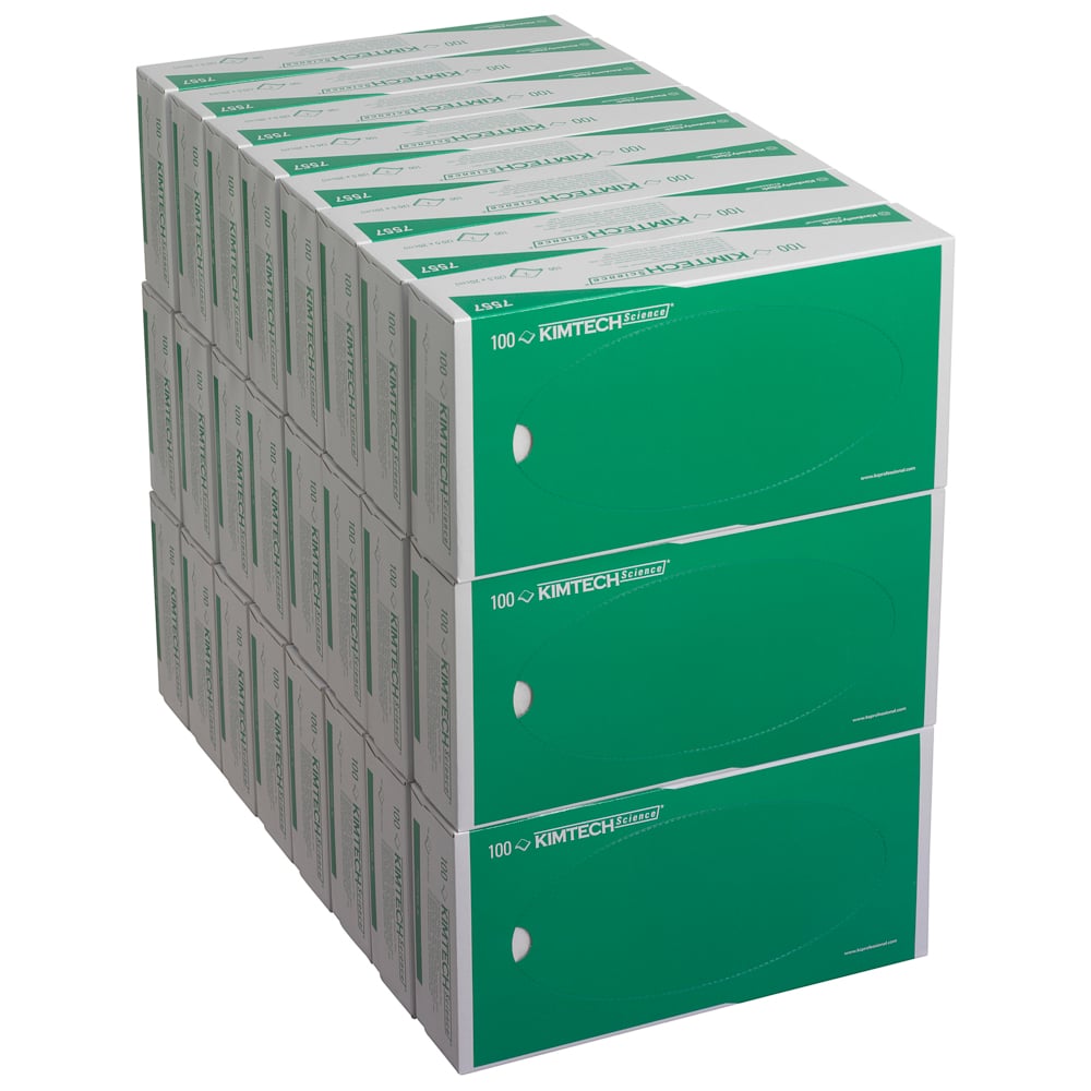 Stoh 24 krabic Kimberly-Clark Kimtech® Science Precision ubrousků, bílé dvouvrstvé s označením "100" - ideální pro laboratoře, které kromě ochranných rukavic potřebují i kvalitní přesné ubrousky.