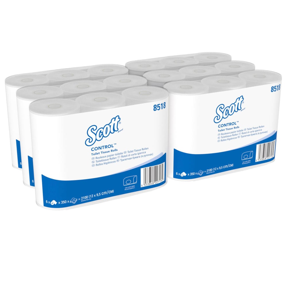 Šest balení Scott® Control™ toaletního papíru od Kimberly-Clark GmbH, každé s šesti malými bílými rolemi (350 listů na roli), je uspořádáno na jednobarevném bílém pozadí, aby zdůraznilo hygienu a čistotu.