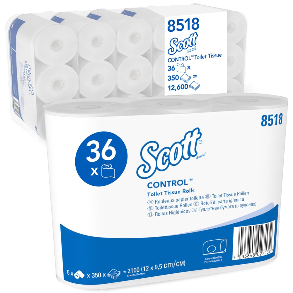 Jedno balení Scott® Control™ toaletního papíru od Kimberly-Clark GmbH obsahuje 6 balení po 6 bílých rolích s 350 listy; obal zdůrazňuje hygienu a ukazuje detaily produktu.