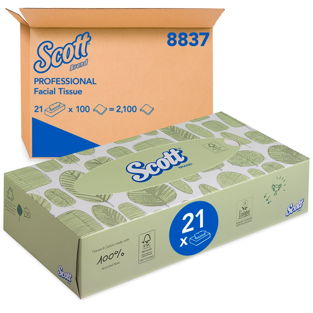Balení kosmetických ubrousků Scott® od Kimberly-Clark GmbH obsahuje 21 bílých dávkovačů, každý s 100 listy - ideální pro měkké ubrousky.